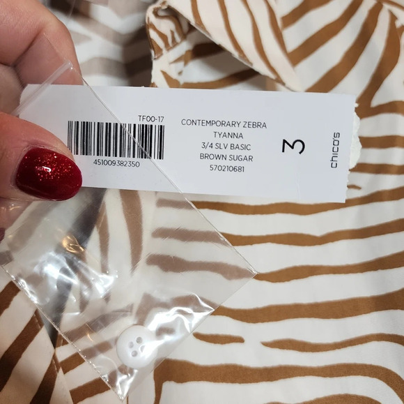 NWT Chico's popover 3/4 sleeve brown zebra cotton shirt. Size 3. XL - Picture 3 of 16
